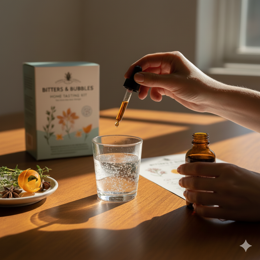 Hand adding bitters to sparkling water with Bitters & Bubbles kit